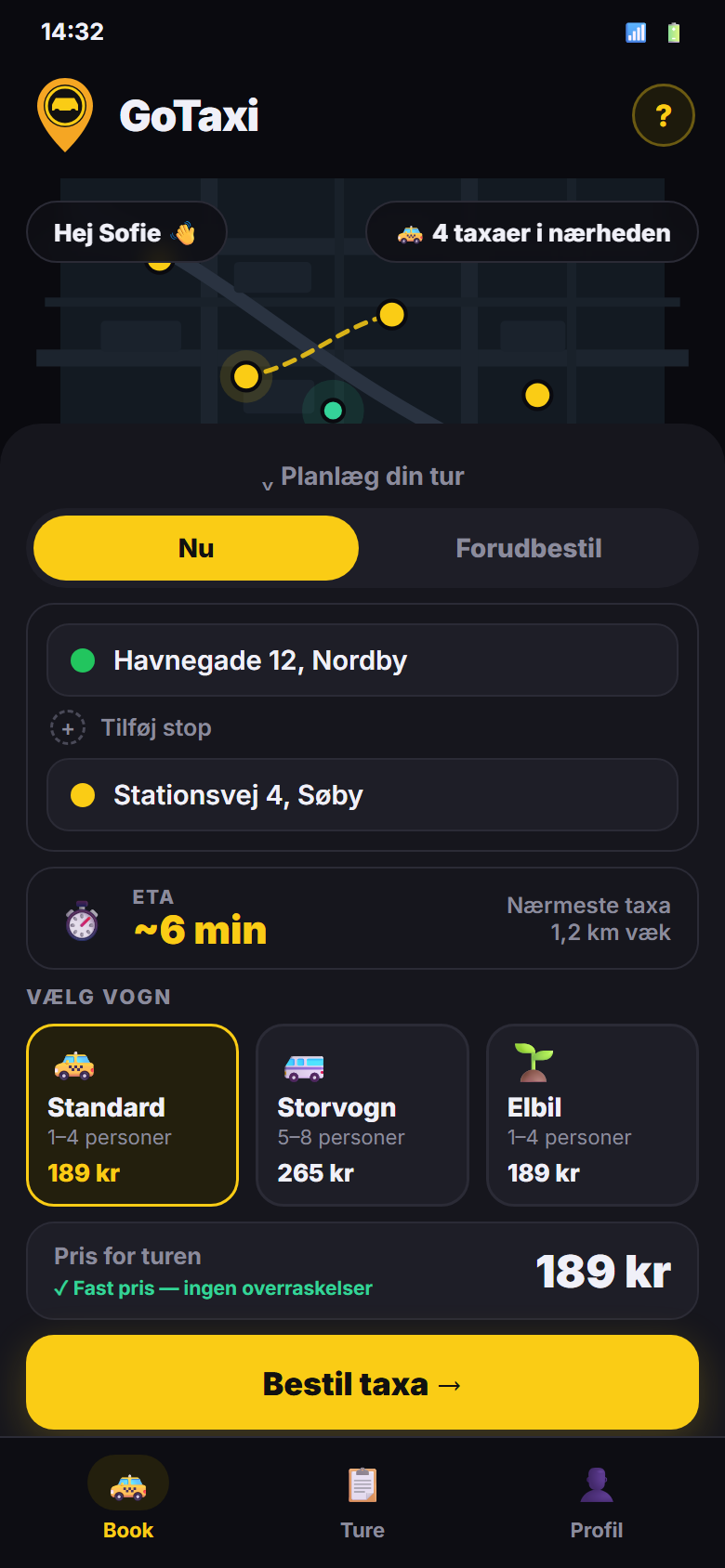 GoTaxi kundeapp med kort, adresser og fast pris